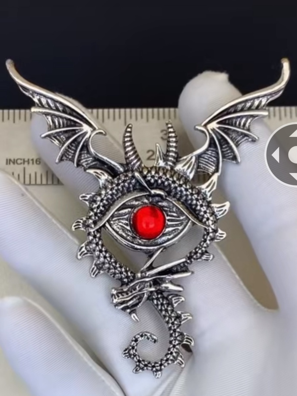 Mediaeval Silver Dragon Eye Brooch Pin with Red Gem Women Men Unisex Jewelry